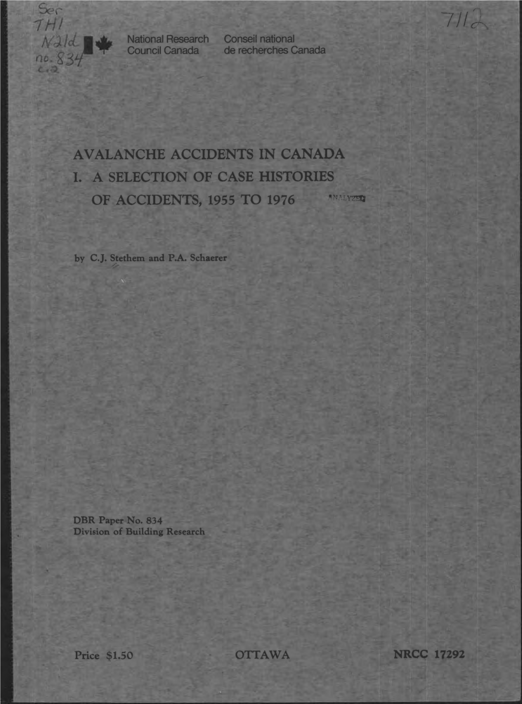 Avalanche Accidents in Canada Volume 1