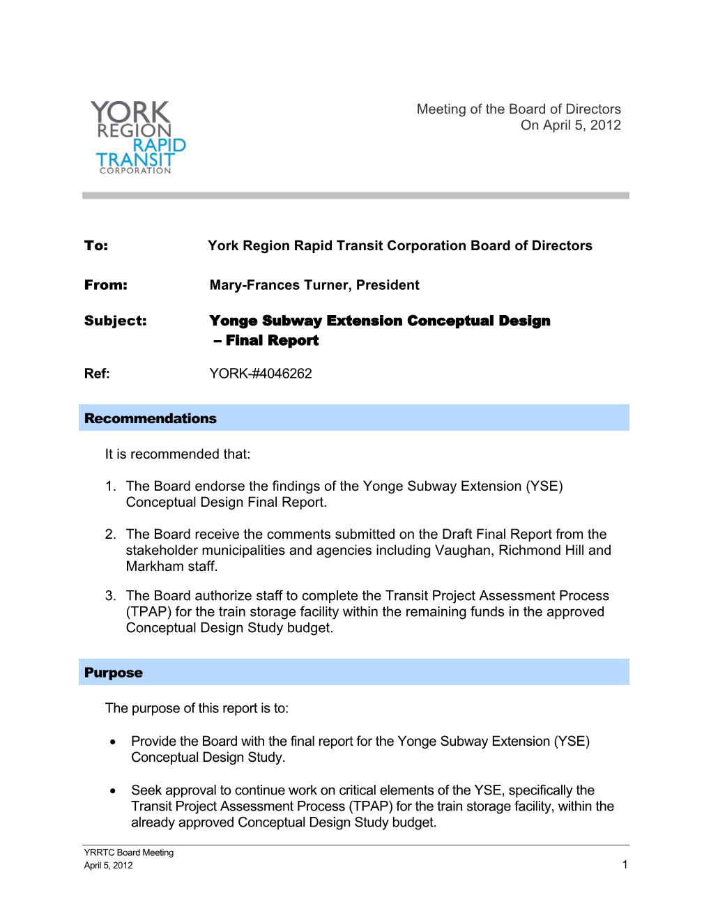 Yonge Subway Extension Conceptual Design – Final Report