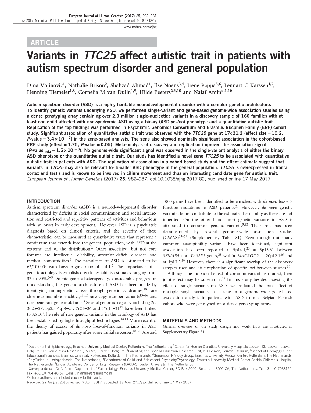 Variants in TTC25 Affect Autistic Trait in Patients with Autism Spectrum Disorder and General Population