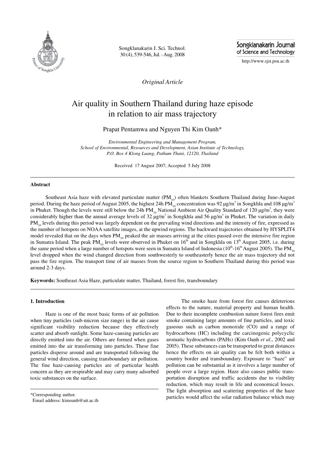 Air Quality in Southern Thailand During Haze Episode in Relation to Air Mass Trajectory