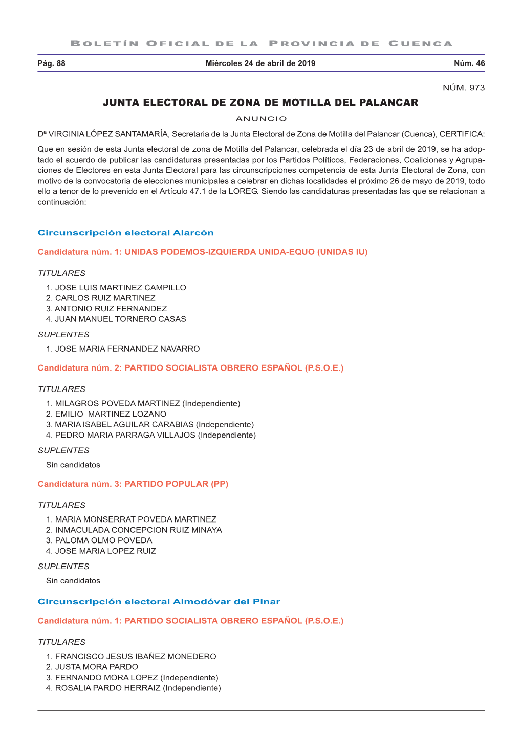 Junta Electoral De Zona De Motilla Del Palancar