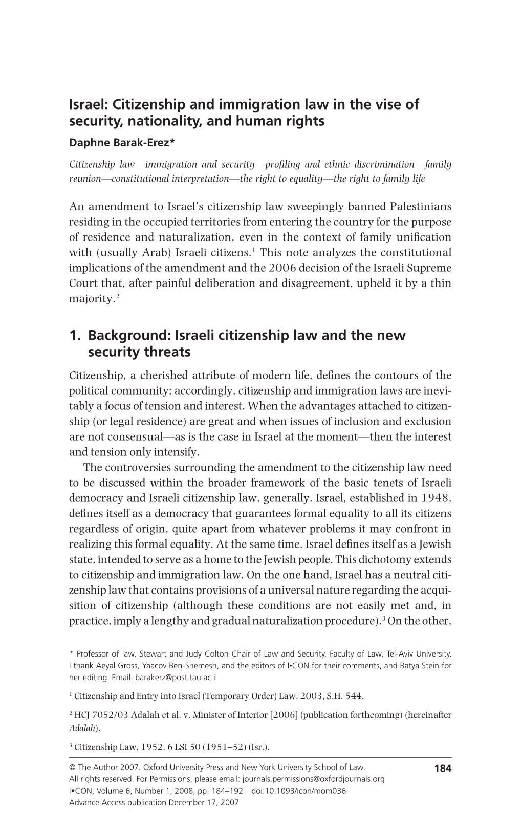 Israel: Citizenship and Immigration Law in the Vise of Security