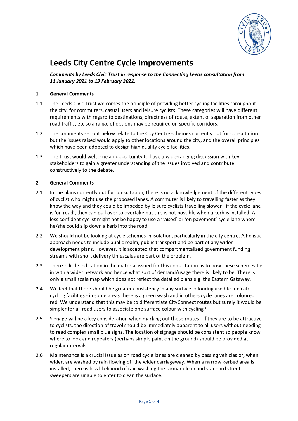 Leeds City Centre Cycle Improvements Comments by Leeds Civic Trust in Response to the Connecting Leeds Consultation from 11 January 2021 to 19 February 2021