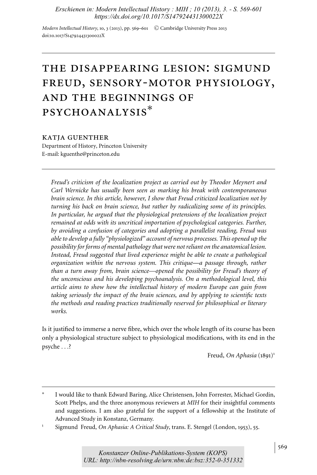 Sigmund Freud, Sensory-Motor Physiology, and the Beginnings Of