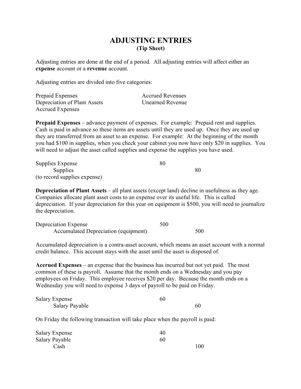 ADJUSTING ENTRIES (Tip Sheet)