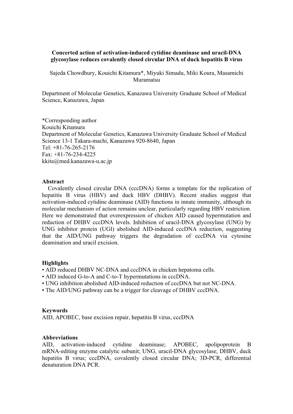 Concerted Action of Activation-Induced Cytidine Deaminase and Uracil-DNA Glycosylase Reduces Covalently Closed Circular DNA of Duck Hepatitis B Virus