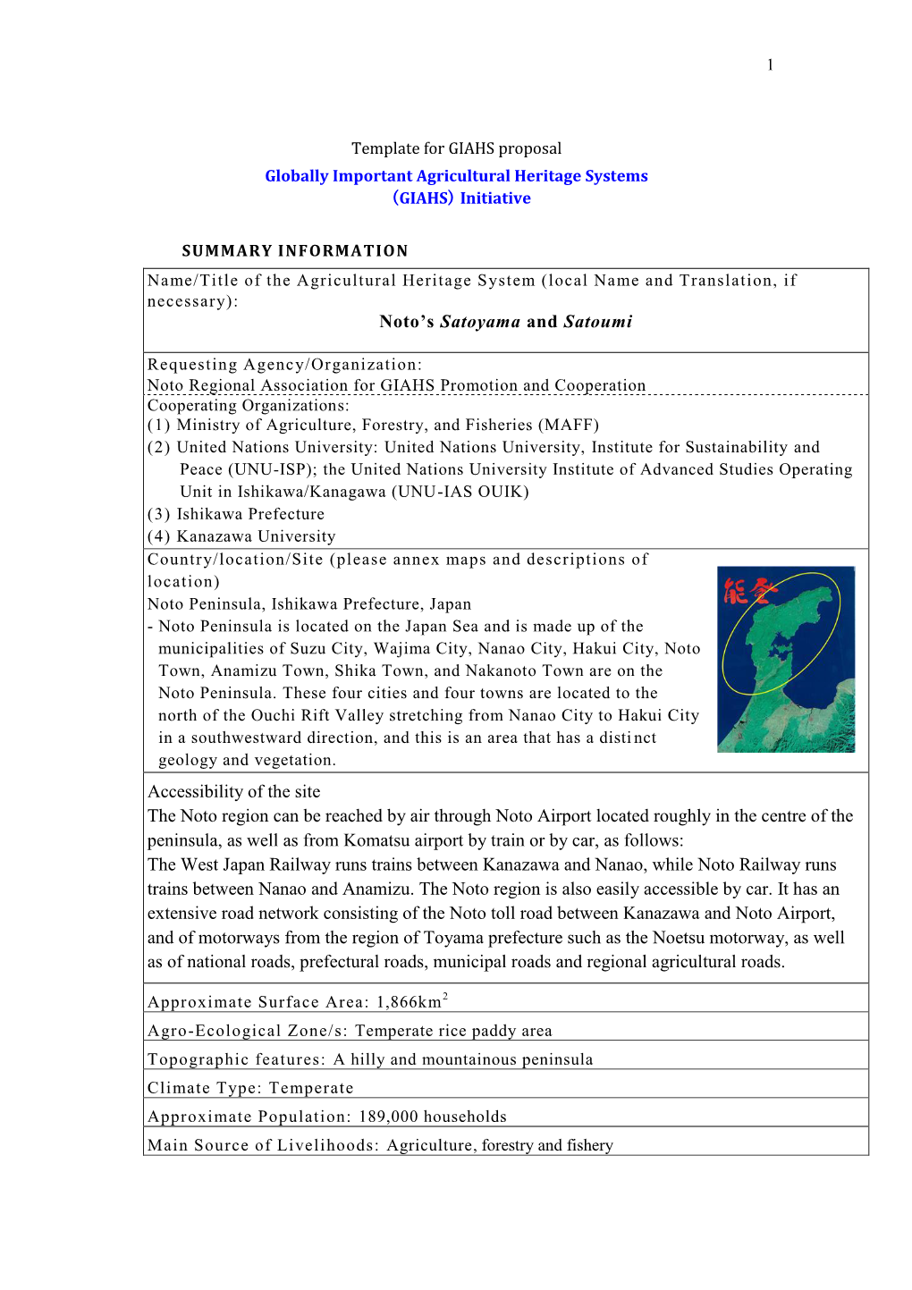 Noto's Satoyama and Satoumi. Template for GIAHS Proposal