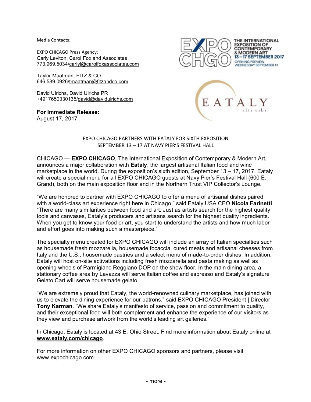 August 17, 2017 EXPO CHICAGO PARTNERS with EATALY FOR
