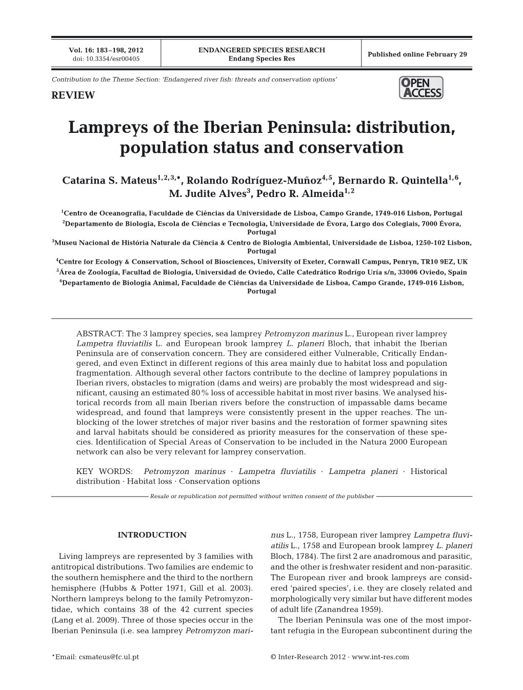 Lampreys of the Iberian Peninsula: Distribution, Population Status and Conservation