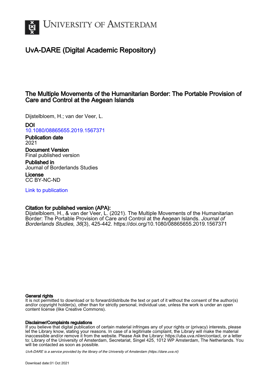 The Multiple Movements of the Humanitarian Border: the Portable Provision of Care and Control at the Aegean Islands