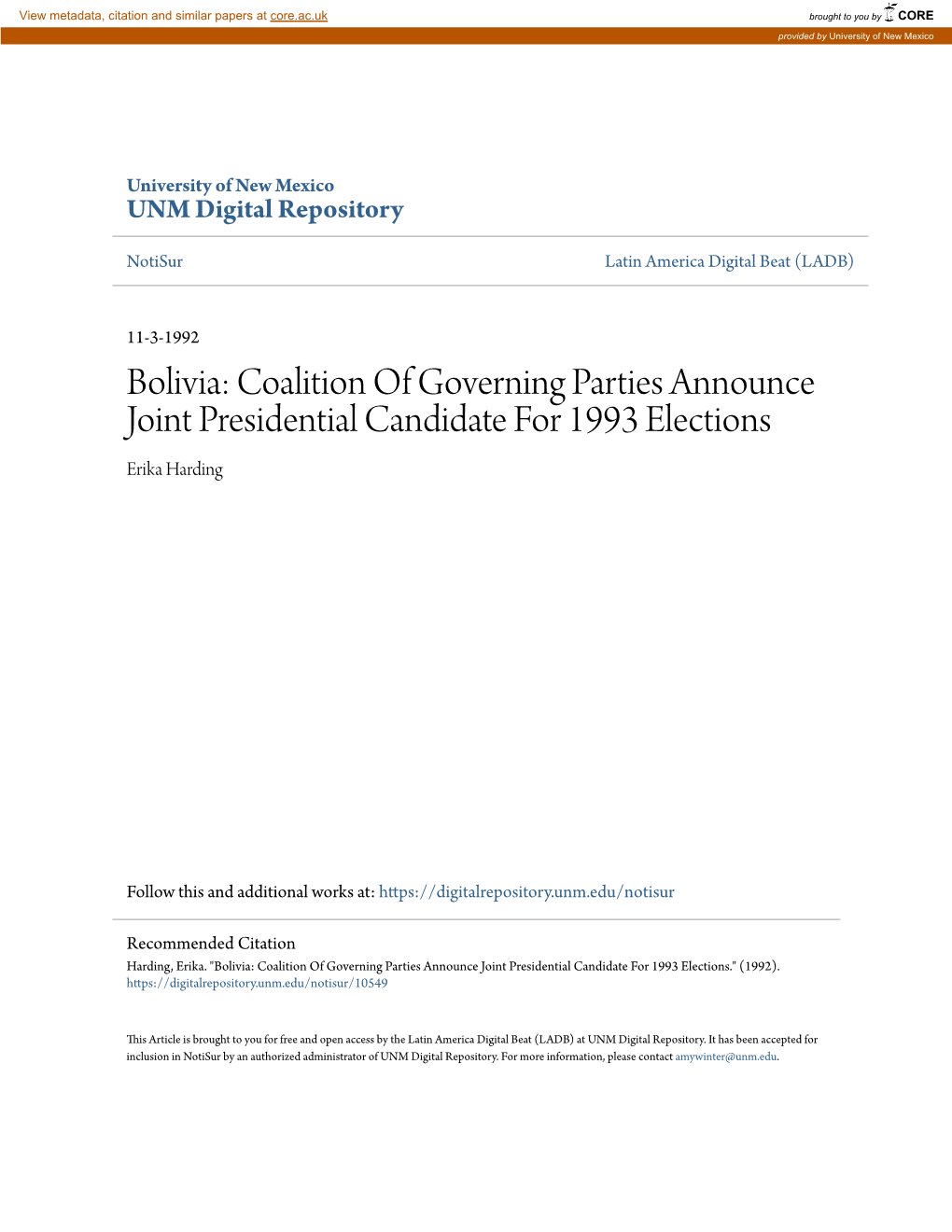 Bolivia: Coalition of Governing Parties Announce Joint Presidential Candidate for 1993 Elections Erika Harding