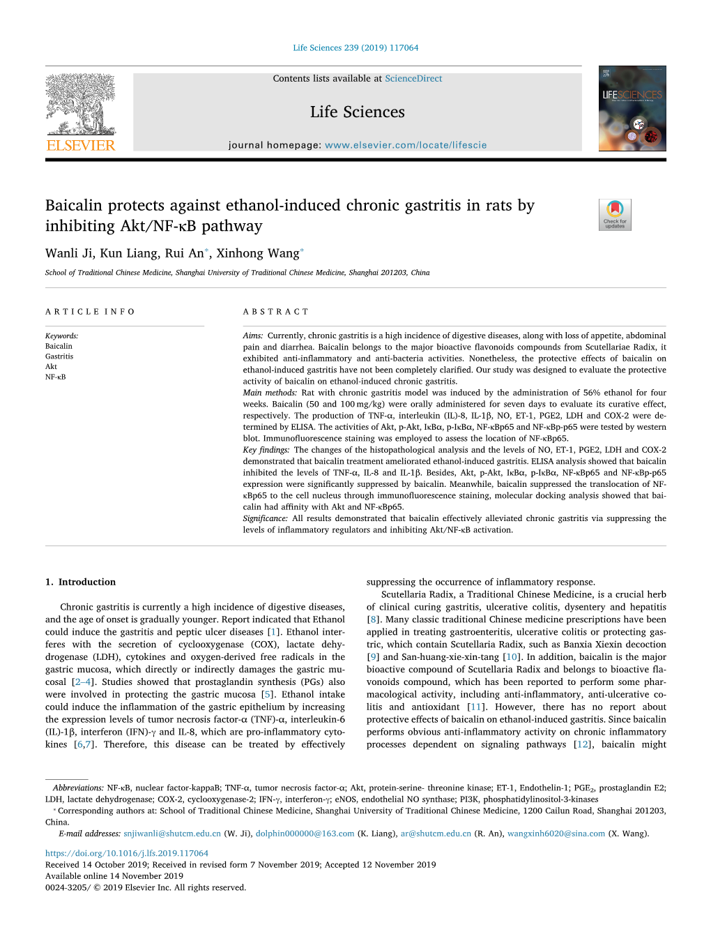 Baicalin Protects Against Ethanol-Induced Chronic Gastritis in Rats by Inhibiting Akt/NF-Κb Pathway T ⁎ ⁎ Wanli Ji, Kun Liang, Rui an , Xinhong Wang