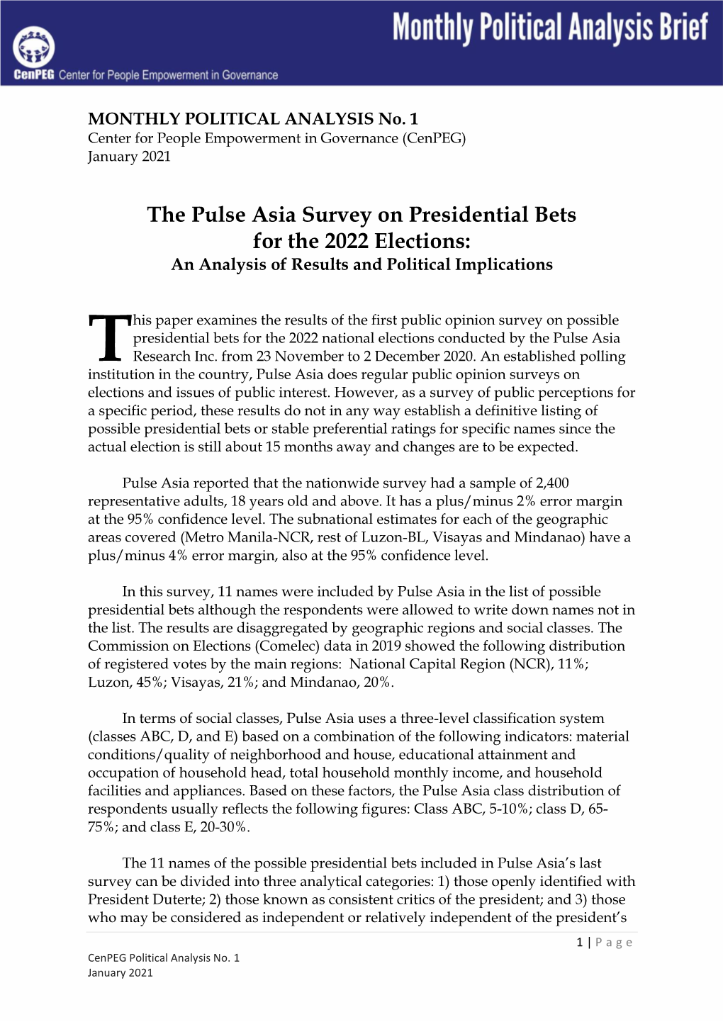 The Pulse Asia Survey on Presidential Bets for the 2022 Elections: an Analysis of Results and Political Implications