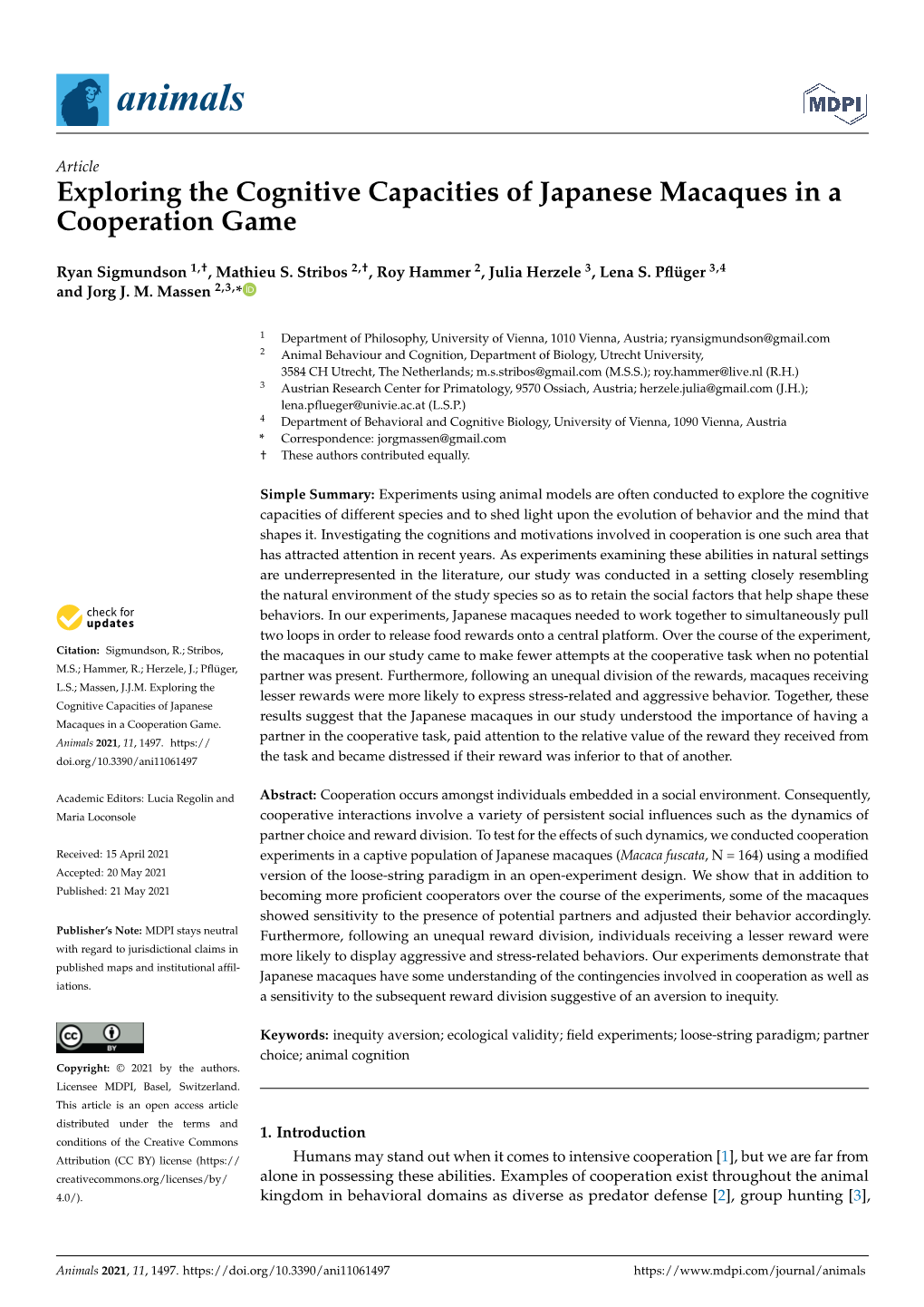 Exploring the Cognitive Capacities of Japanese Macaques in a Cooperation Game