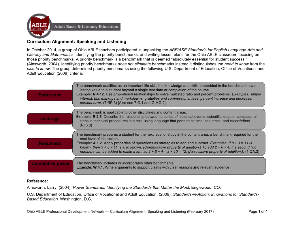 Curriculum Alignment: Speaking and Listening