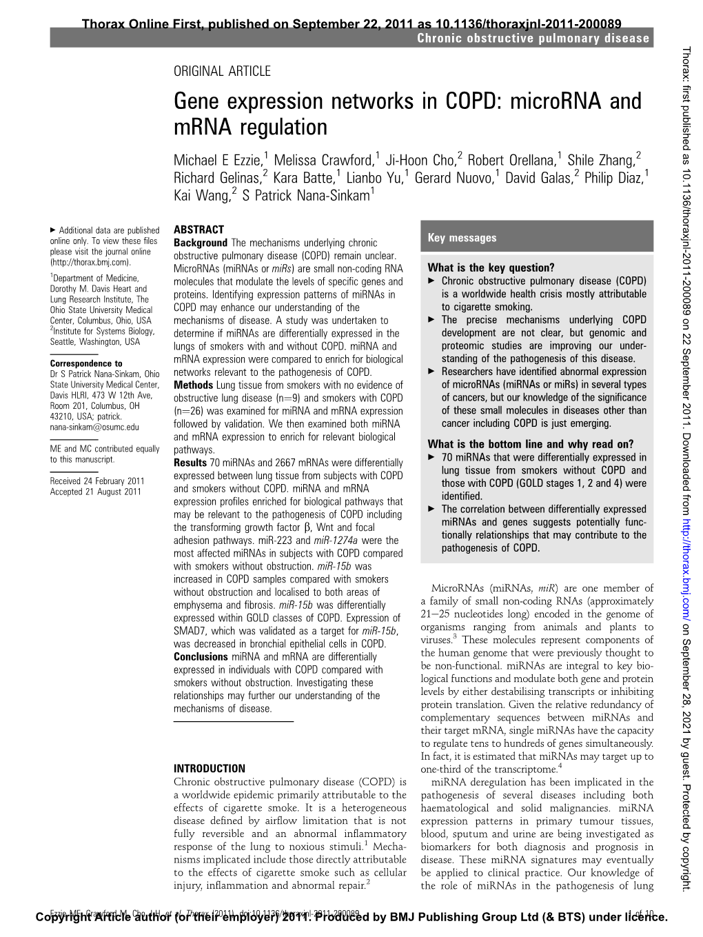 Gene Expression Networks in COPD: Microrna and Mrna Regulation