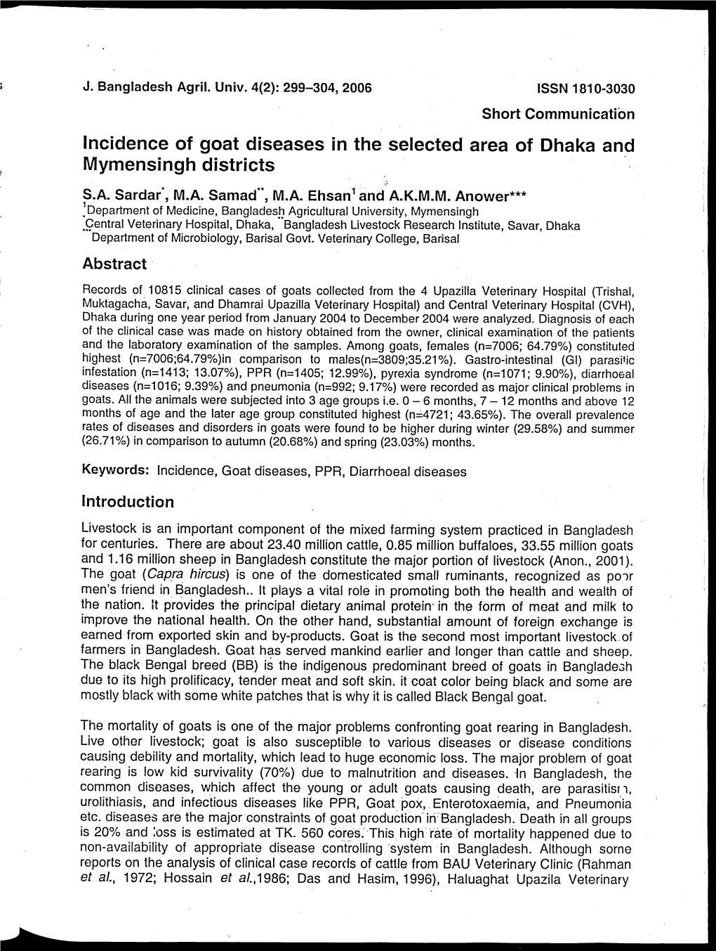 Incidence of Goat Diseases in the Selected Area of Dhaka and Mymensingh Districts