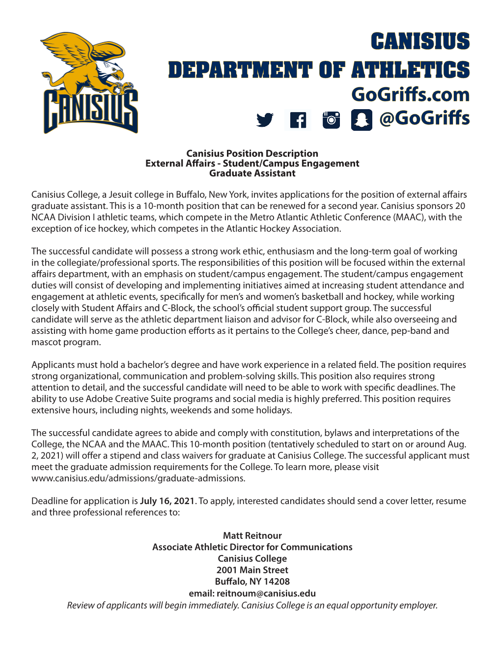 CANISIUS DEPARTMENT of ATHLETICS Gogriffs.Com @Gogriffs