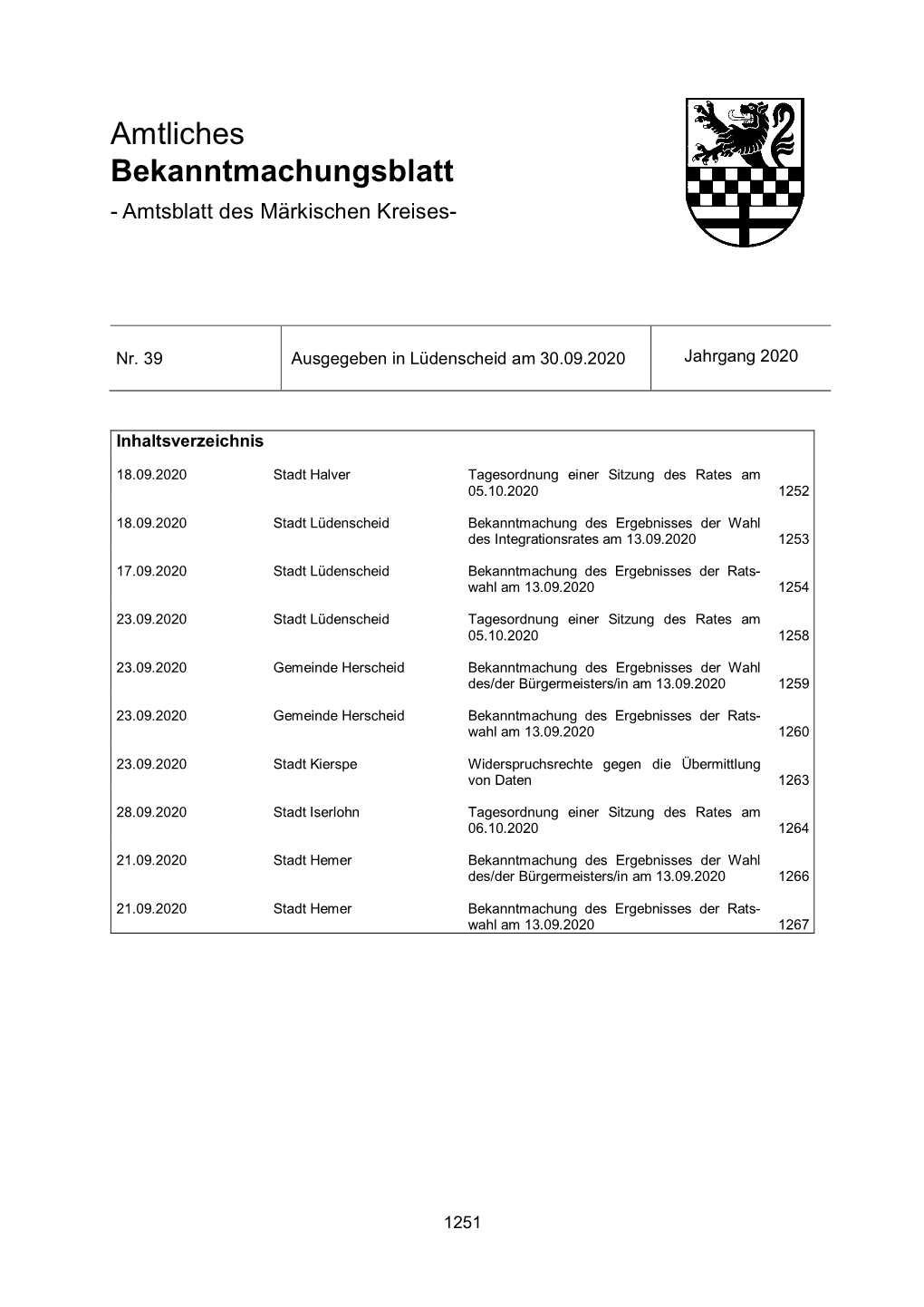 Amtliches Bekanntmachungsblatt - Amtsblatt Des Märkischen Kreises