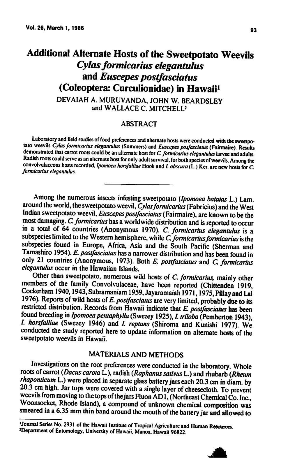 Additional Alternate Hosts of the Sweetpotato Weevils Cylasformicarius Elegantulus and Euscepes Postfasciatus