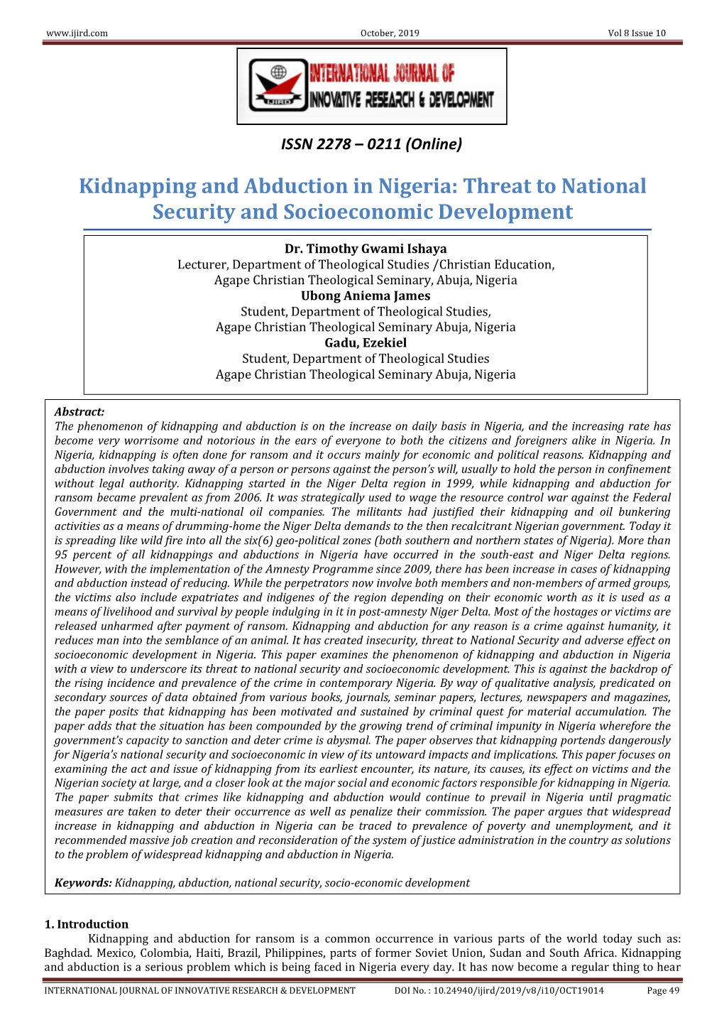 Kidnapping and Abduction in Nigeria: Threat to National Security and Socioeconomic Development