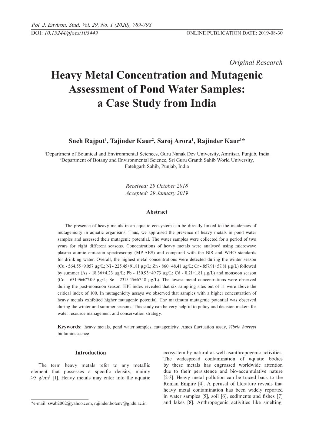 Heavy Metal Concentration and Mutagenic Assessment of Pond Water Samples: a Case Study from India