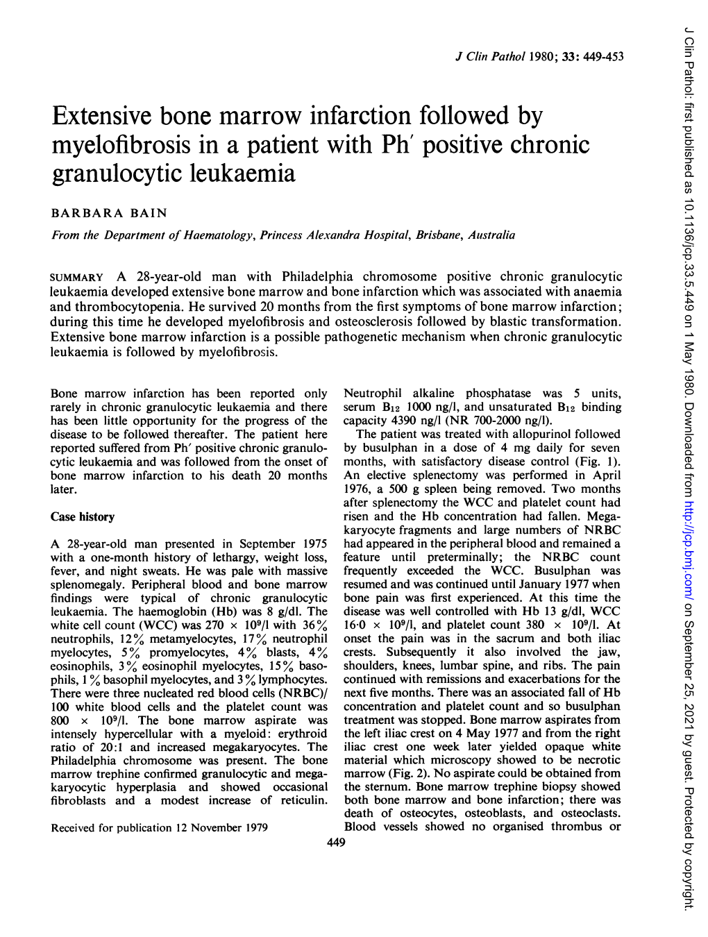 Extensive Bone Marrow Infarction Followed by Myelofibrosis in a Patient with Ph' Positive Chronic Granulocytic Leukaemia