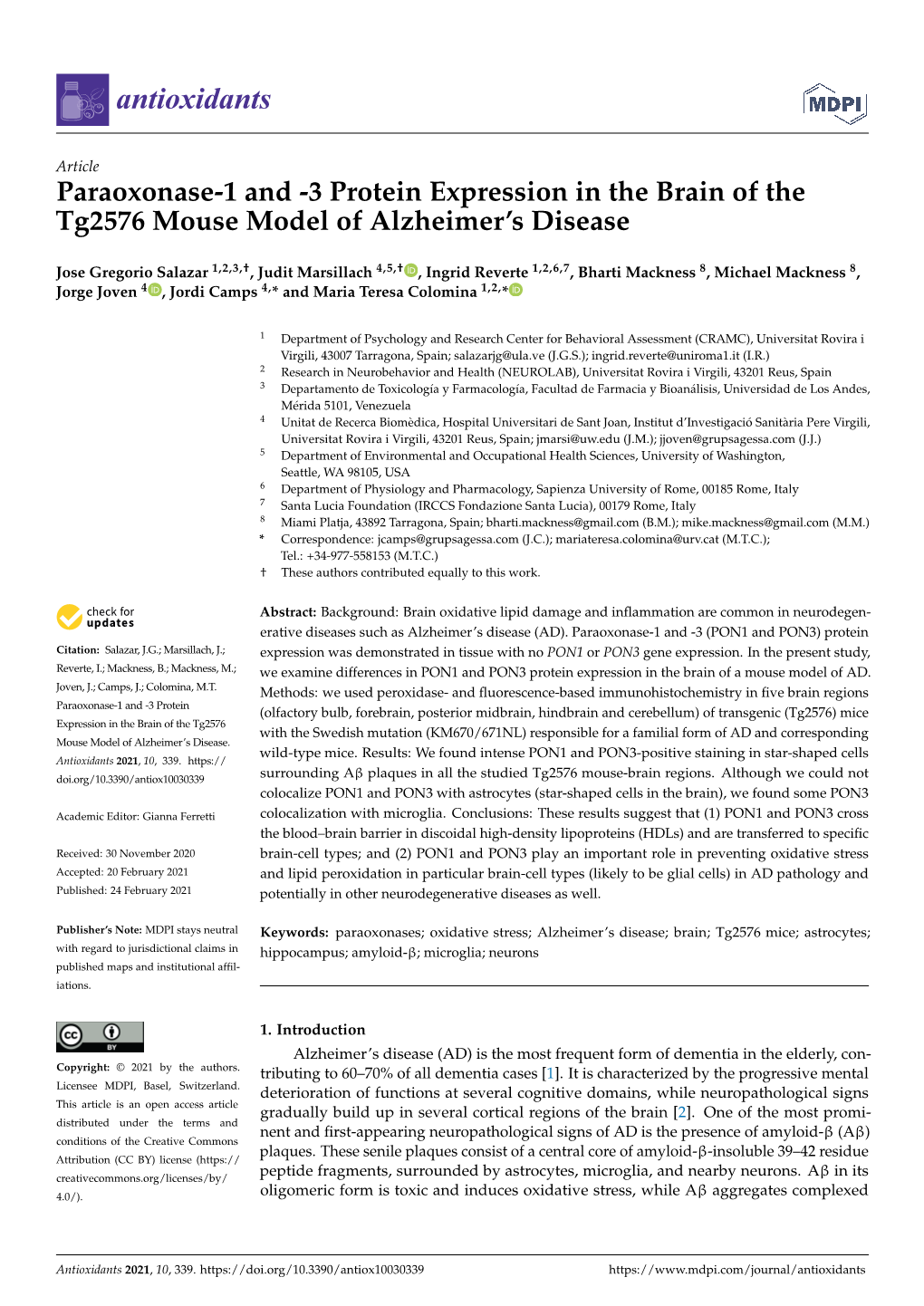 Paraoxonase-1 and -3 Protein Expression in the Brain of the Tg2576 Mouse Model of Alzheimer’S Disease