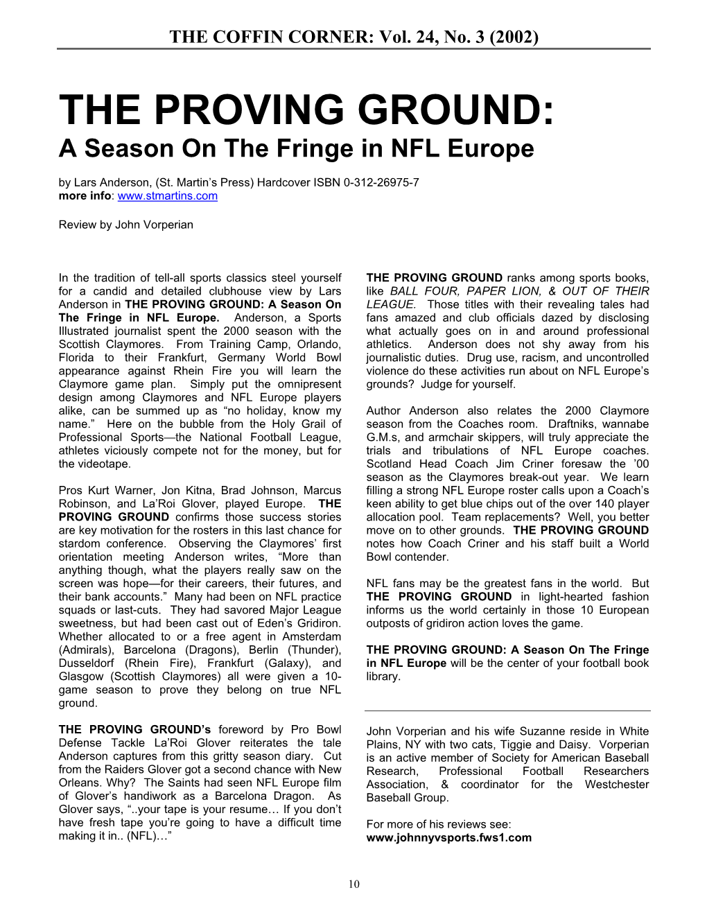 THE PROVING GROUND: a Season on the Fringe in NFL Europe by Lars Anderson, (St