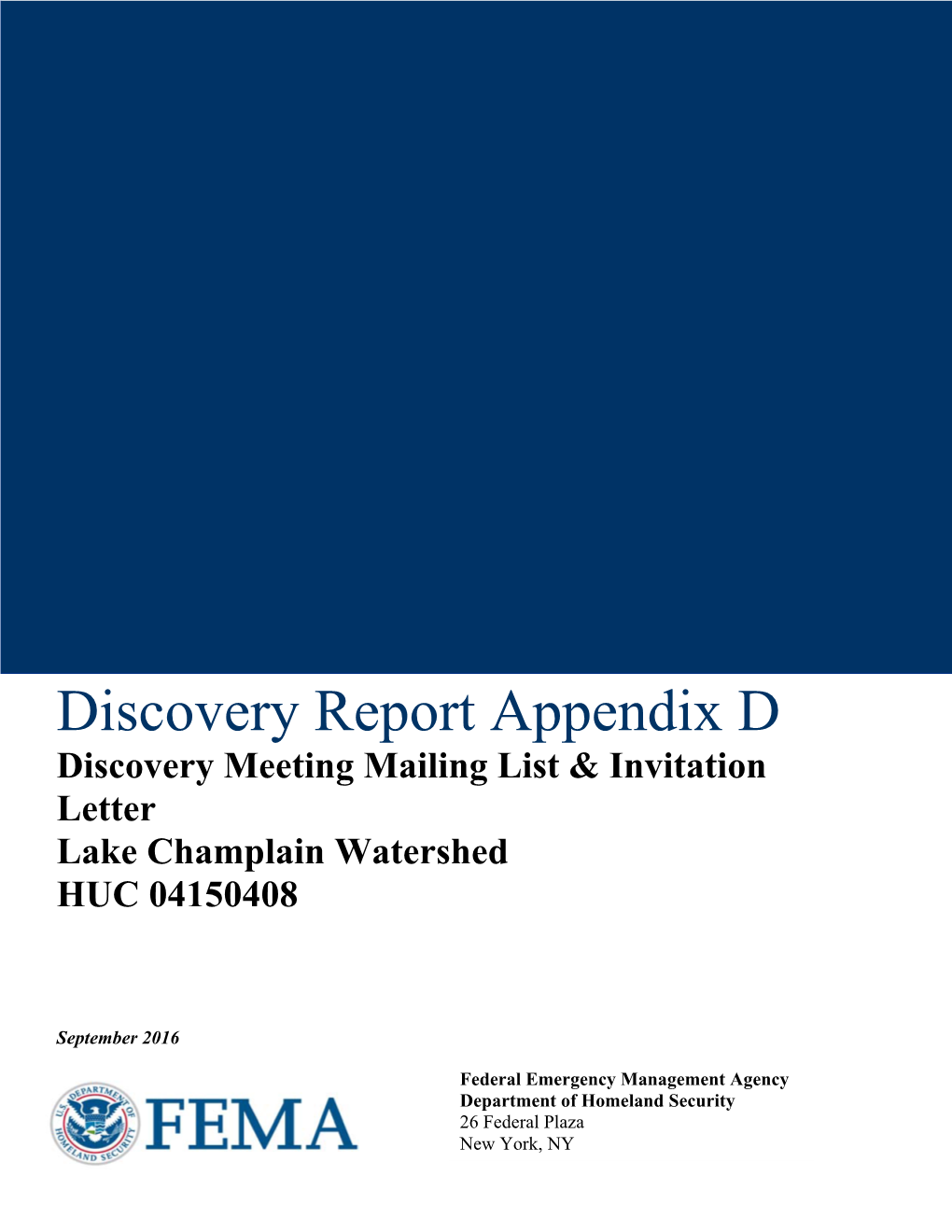 Discovery Report Appendix D Discovery Meeting Mailing List & Invitation Letter Lake Champlain Watershed HUC 04150408