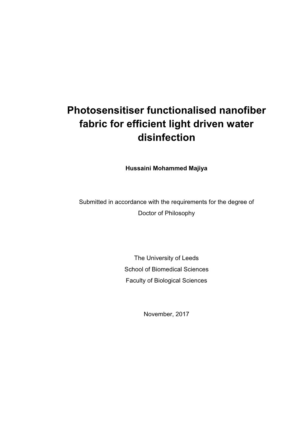 Photosensitiser Functionalised Nanofiber Fabric for Efficient Light Driven Water Disinfection