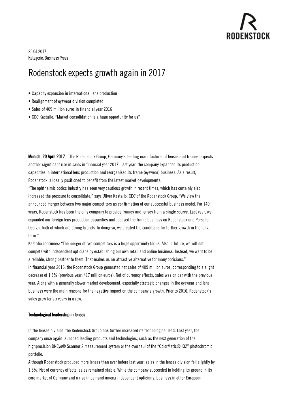 Rodenstock Expects Growth Again in 2017