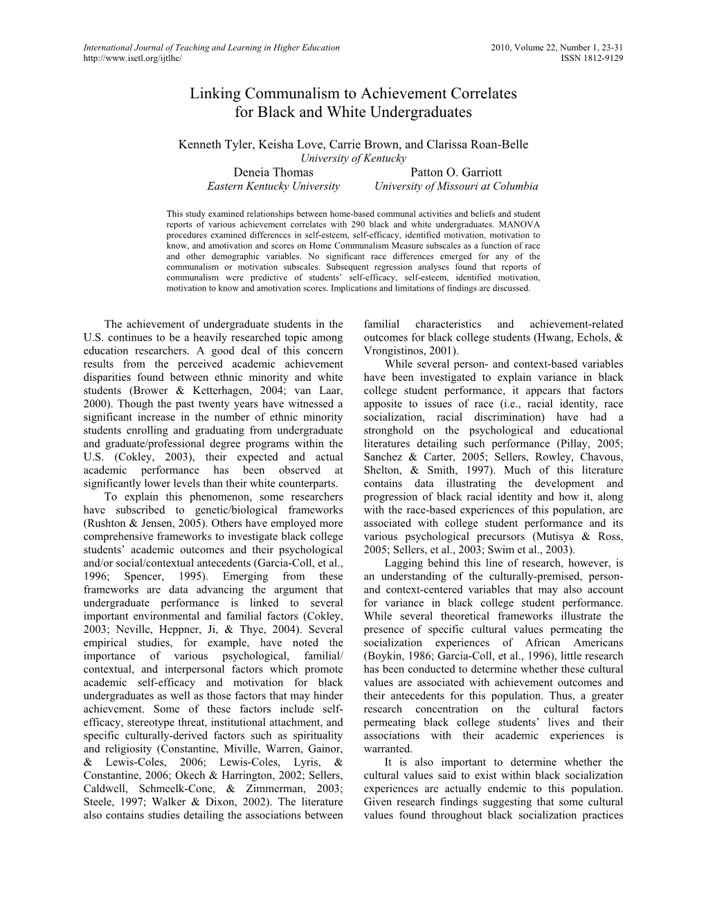 Linking Communalism to Achievement Correlates for Black and White Undergraduates