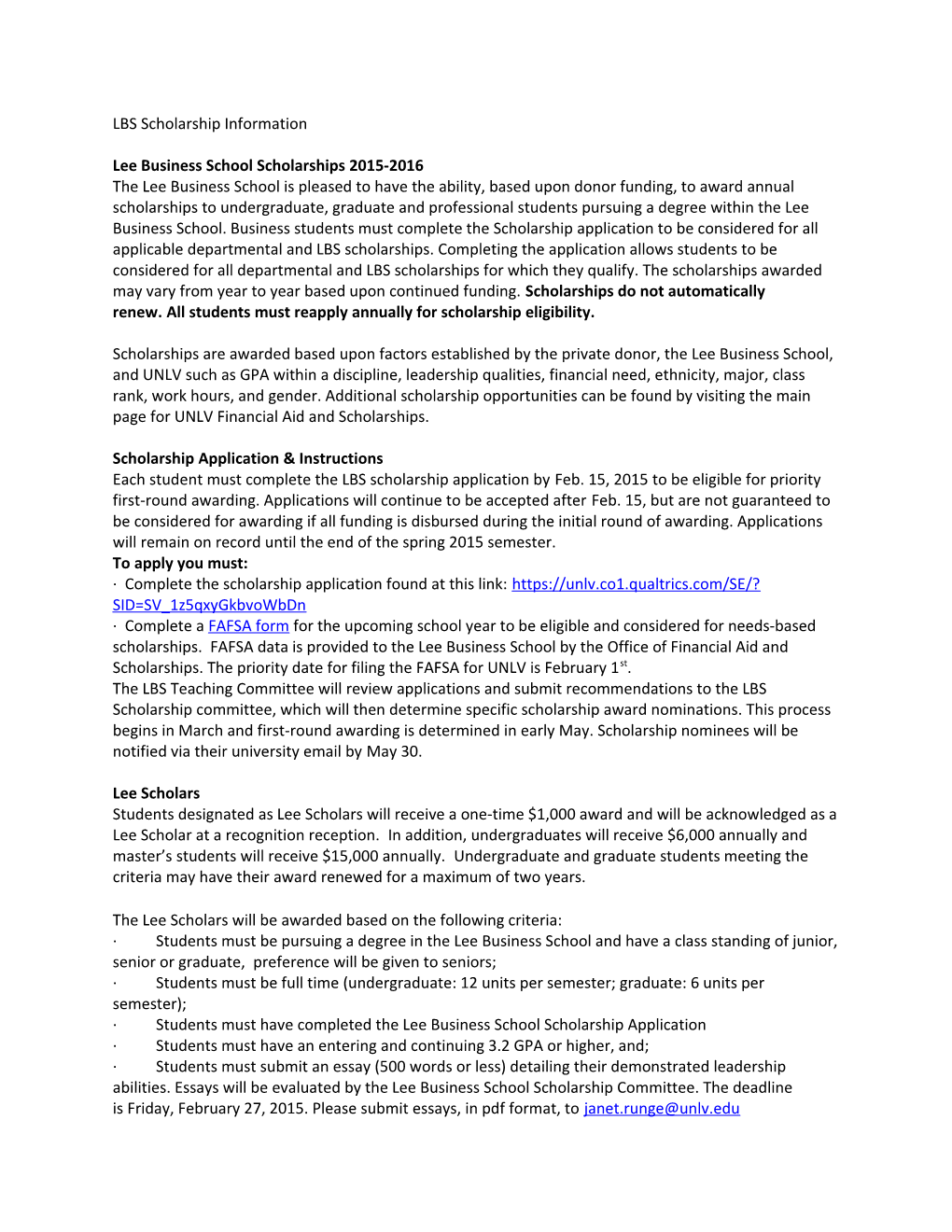 Lee Business School Scholarships 2015-2016