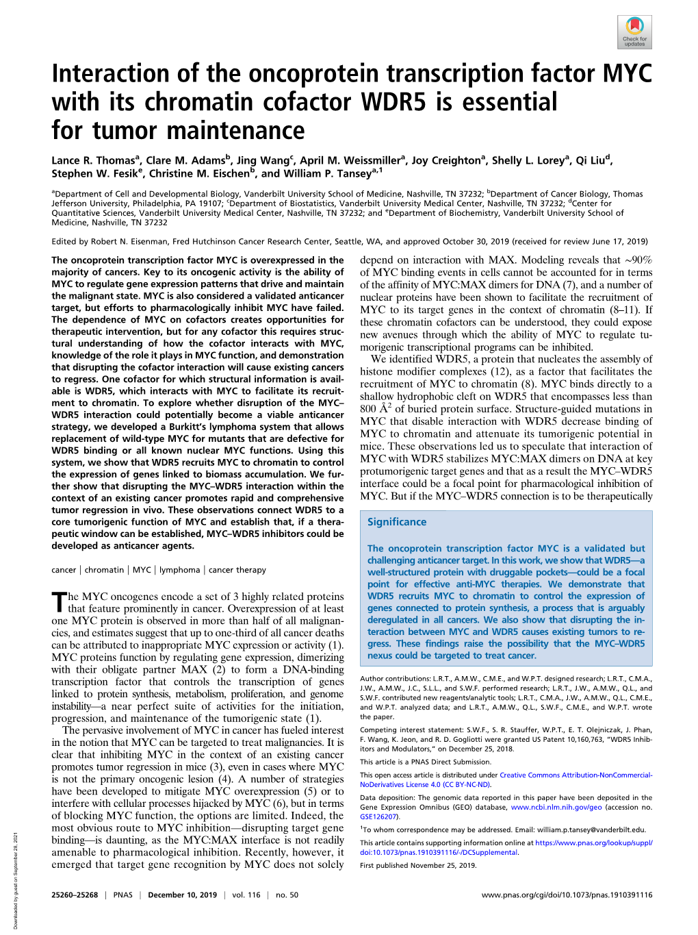 Interaction of the Oncoprotein Transcription Factor MYC with Its Chromatin Cofactor WDR5 Is Essential for Tumor Maintenance