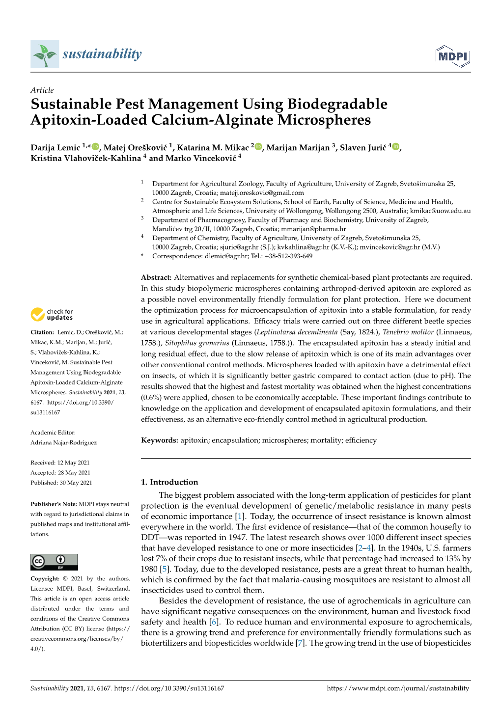 Sustainable Pest Management Using Biodegradable Apitoxin-Loaded Calcium-Alginate Microspheres
