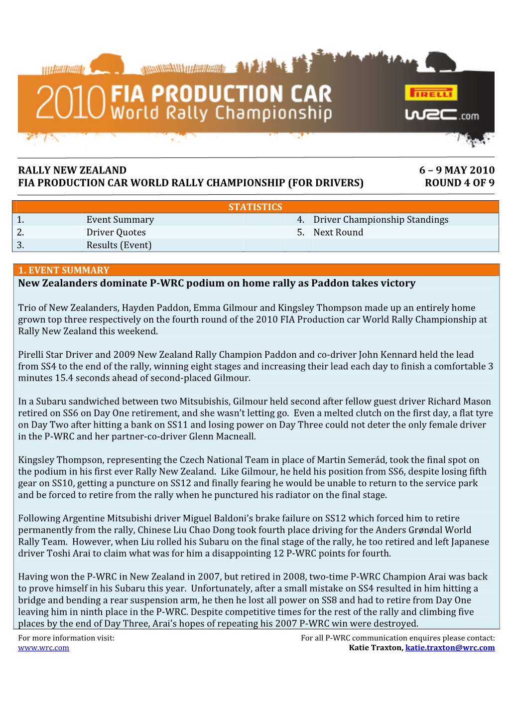 RALLY NEW ZEALAND 6 – 9 MAY 2010 FIA PRODUCTION CAR WORLD RALLY CHAMPIONSHIP (FOR DRIVERS) ROUND 4 of 9 New Zealanders Dominat