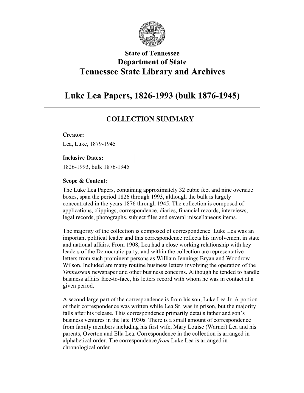 Tennessee State Library and Archives Luke Lea Papers, 1826-1993 (Bulk 1876-1945)