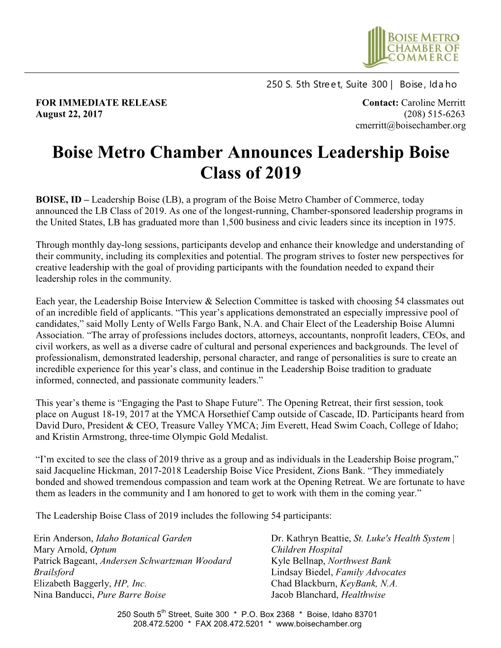 Boise Metro Chamber Announces Leadership Boise Class of 2019