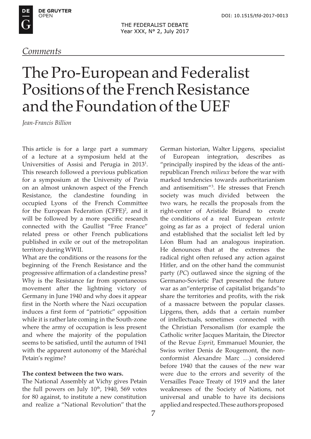 The Pro-European and Federalist Positions of the French Resistance and the Foundation of the UEF Jean-Francis Billion