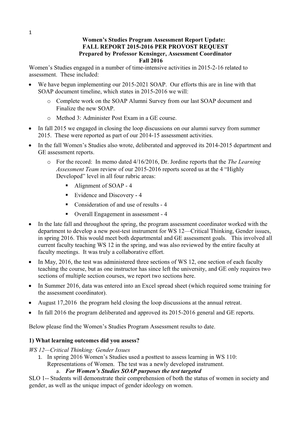 Women S Studies Program Assessment Report Update