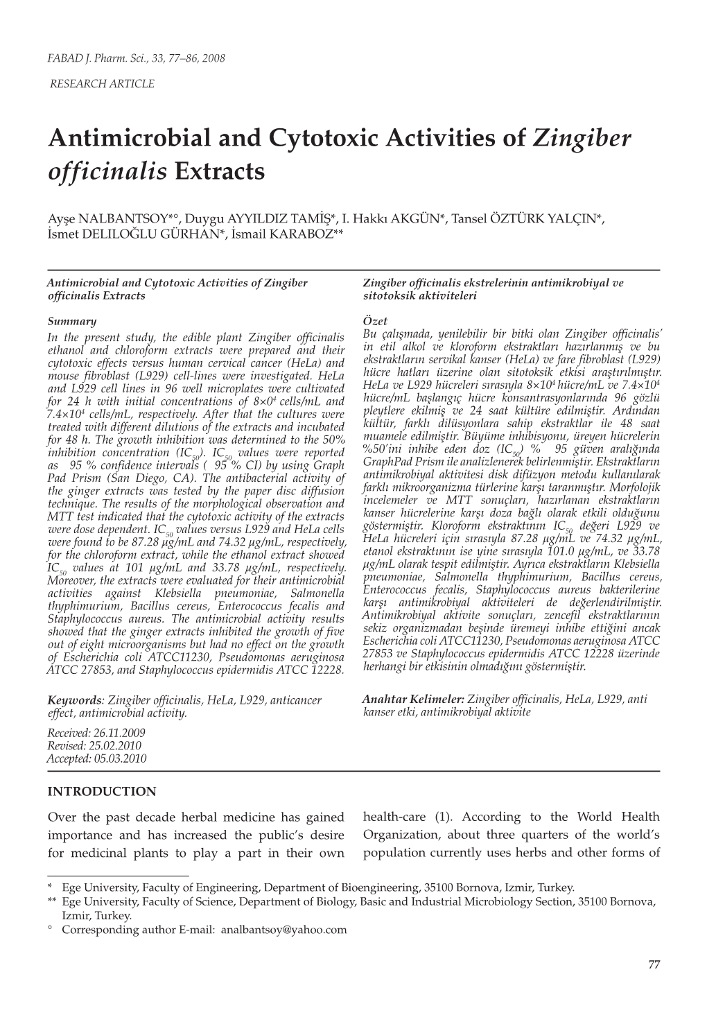 Antimicrobial and Cytotoxic Activities of Zingiber Officinalis Extracts