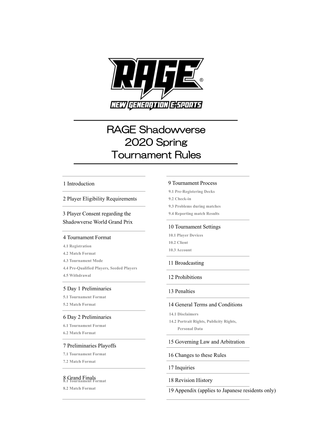 RAGE Shadowverse 2020 Spring Tournament Rules