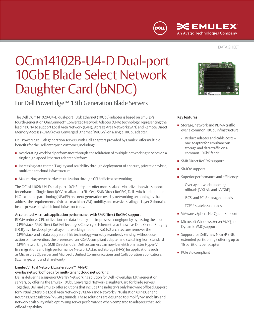 Ocm14102b-U4-D Dual-Port 10Gbe Blade Select Network Daughter Card (Bndc) for Dell Poweredge™ 13Th Generation Blade Servers