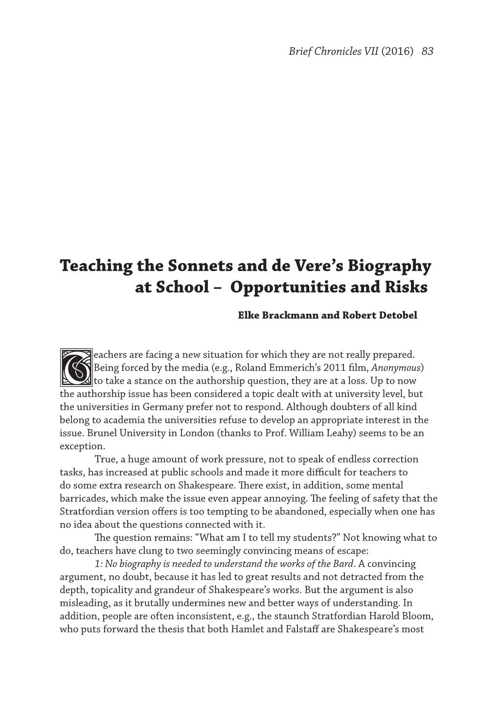 Teaching the Sonnets and De Vere's