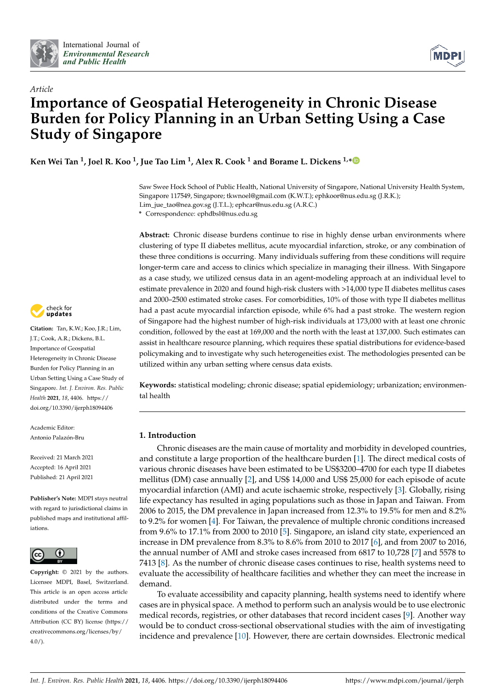 Importance of Geospatial Heterogeneity in Chronic Disease Burden for Policy Planning in an Urban Setting Using a Case Study of Singapore