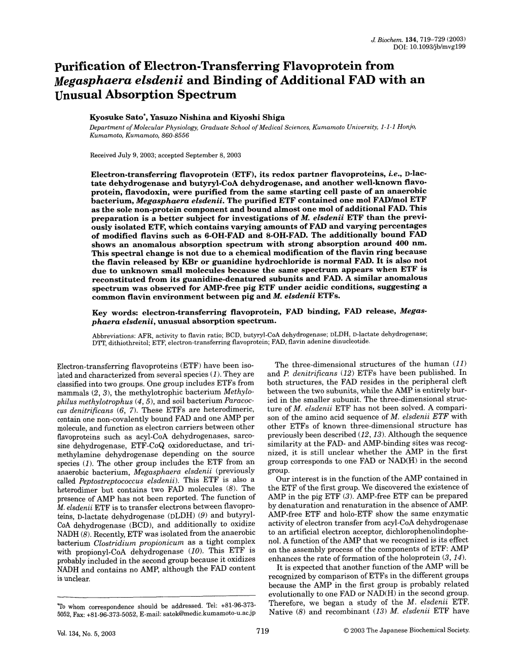 Purification of Electron-Transferring Flavoprotein from Megasphaera Elsdenii and Binding of Additional FAD with an Unusual Absorption Spectrum