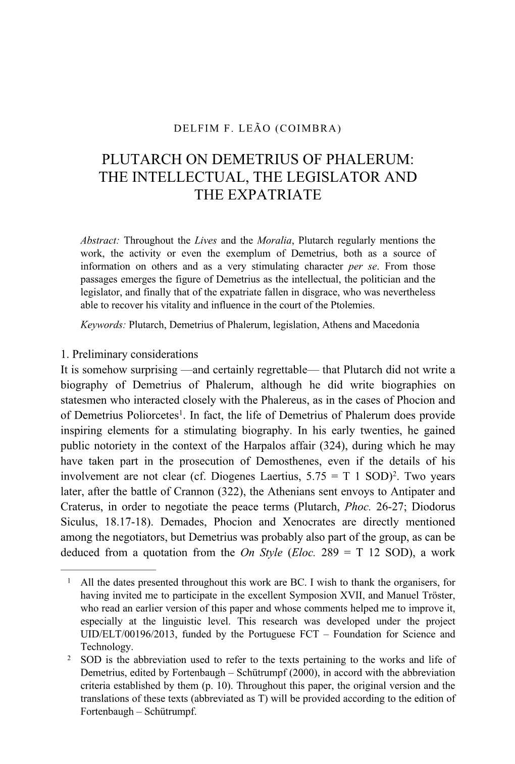 Plutarch on Demetrius of Phalerum: the Intellectual, the Legislator and the Expatriate