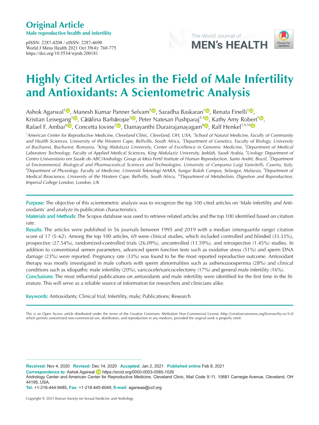 Highly Cited Articles in the Field of Male Infertility and Antioxidants: a Scientometric Analysis
