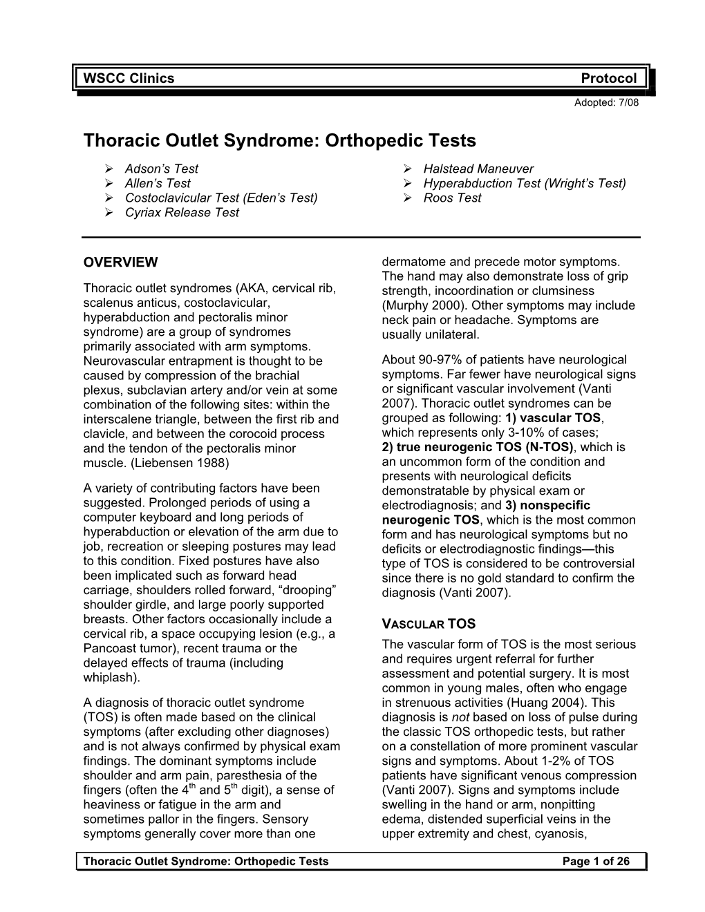 Thoracic Outlet Syndrome: Orthopedic Tests